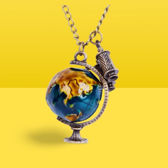 Globe Travel Golden Brass Necklace with little binoculars - Picture 1 of 8